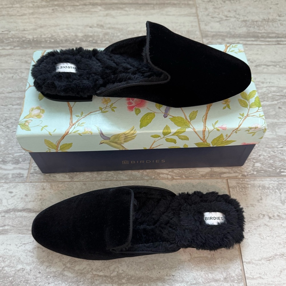 BRAND NEW - Birdies The Phoebe Black Velvet Faux Fur Slip On Mules